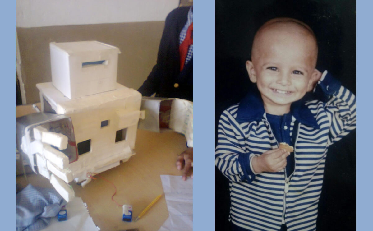 Ritwik Joshi developing early robotics concepts as a student at New Look School Sagwara, Rajasthan.