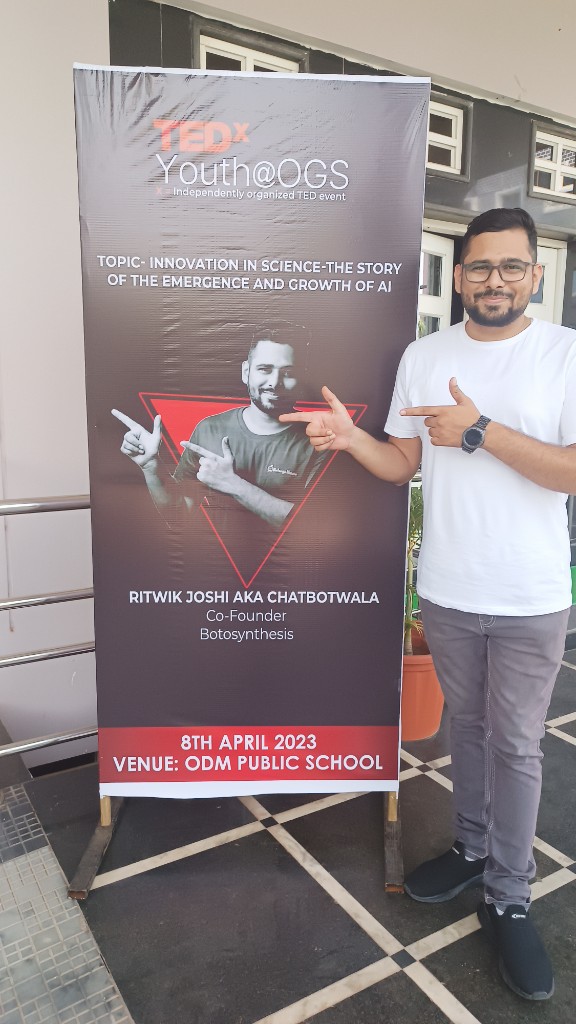 Official speaker announcement poster for TEDxYouth@OGS featuring Ritwik Joshi and his talk title.